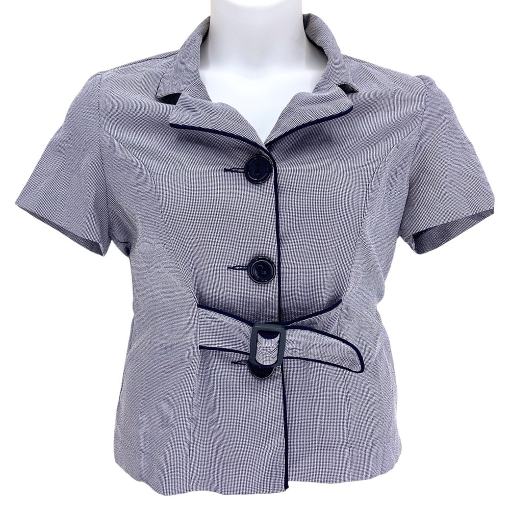 Sweet Suit Petite Blue Gingham Short Sleeve Belted Top Blazer Jacket 10P Vintage